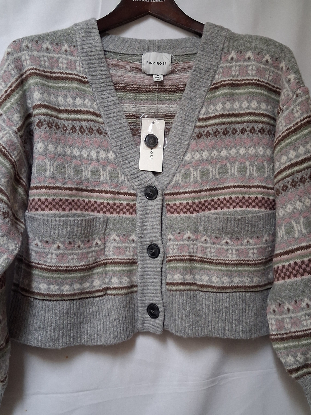Pink Rose Women's Cropped Grey and Pink Fair Isle Cardigan Sweater